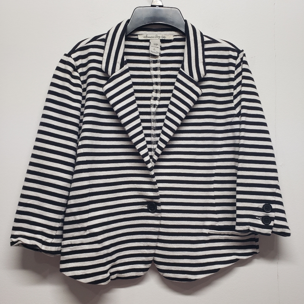 American Rag Striped Cropped Blazer Size L Juniors Black White Preppy Work Y2K